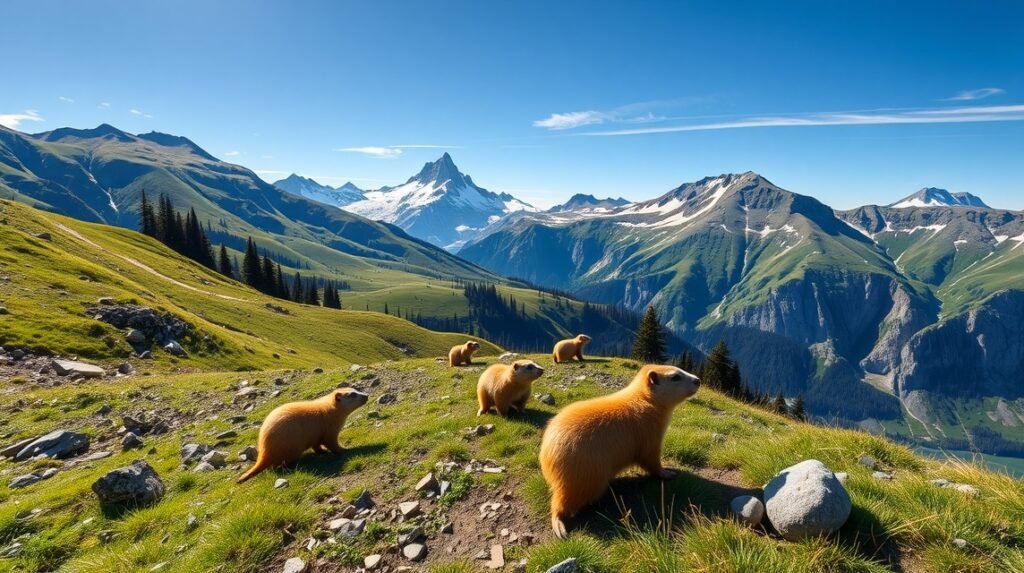 Mormoták a Grindelwald-i hegyekben, gyönyörű alpi kilátással.