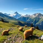 Mormoták a Grindelwald-i hegyekben, gyönyörű alpi kilátással.