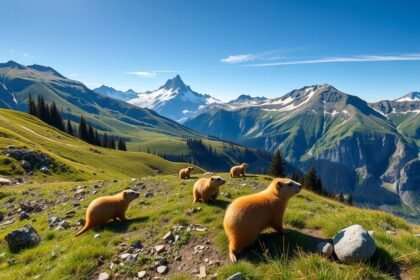 Mormoták a Grindelwald-i hegyekben, gyönyörű alpi kilátással.