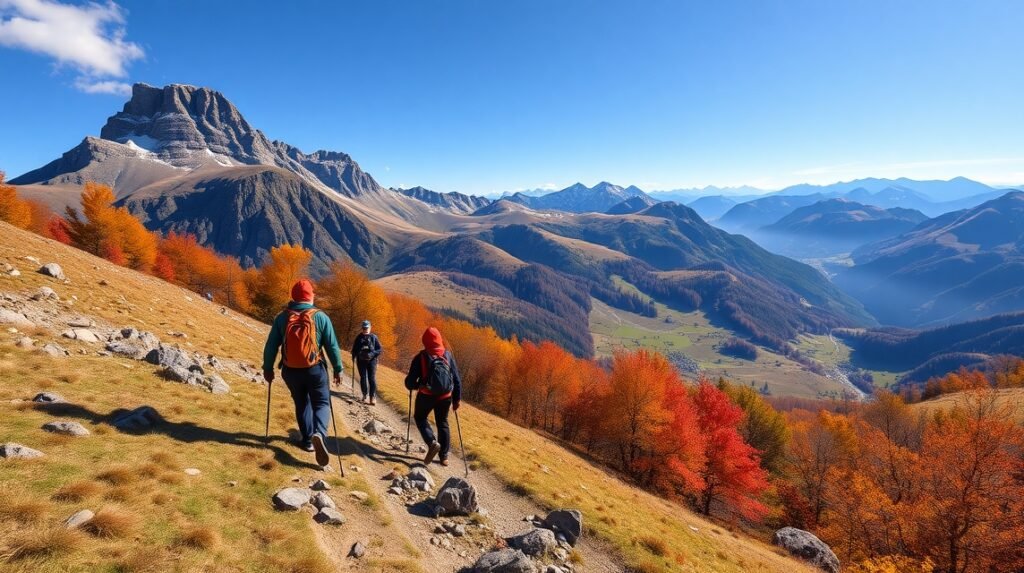 Túrázók a Berni-felvidéken, gyönyörű őszi tájban.