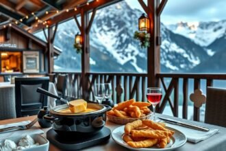 Svájci sajt és rösti étkezés Grindelwald hegyvidéki panorámájával.