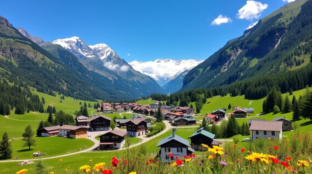Grindelwald gyönyörű hegyi tája virágokkal és falvakkal