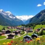 Grindelwald gyönyörű hegyi tája virágokkal és falvakkal