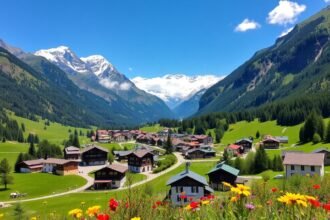 Grindelwald gyönyörű hegyi tája virágokkal és falvakkal