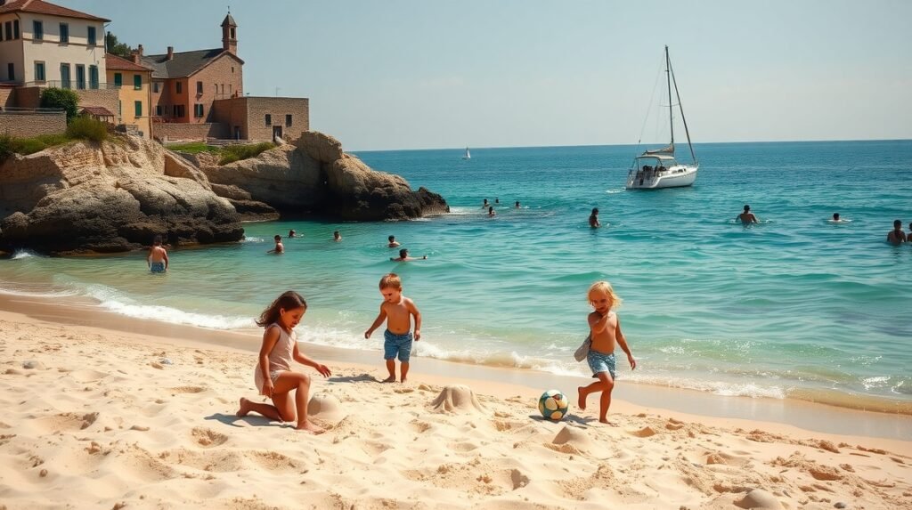 Gyerekek játszanak a homokban egy olasz strandon, hajó a háttérben.