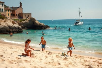 Gyerekek játszanak a homokban egy olasz strandon, hajó a háttérben.