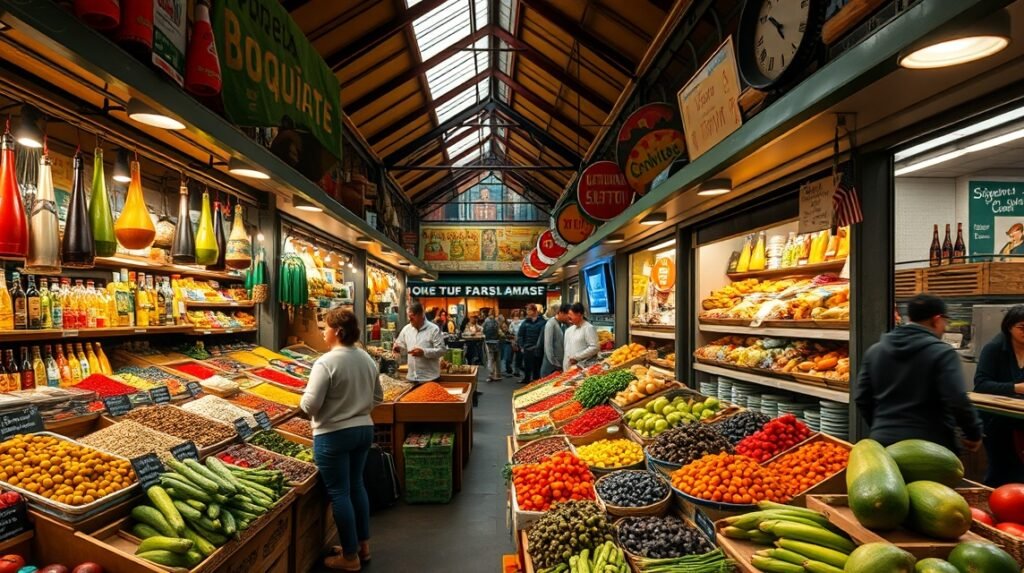 La Boqueria piac színes zöldségek és gyümölcsök választéka Barcelonában