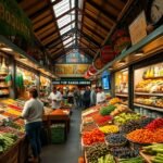 La Boqueria piac színes zöldségek és gyümölcsök választéka Barcelonában