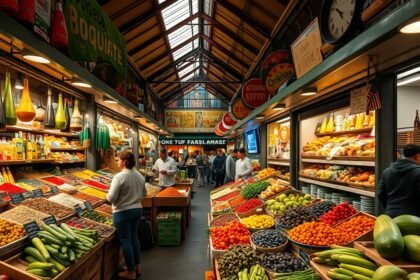 La Boqueria piac színes zöldségek és gyümölcsök választéka Barcelonában