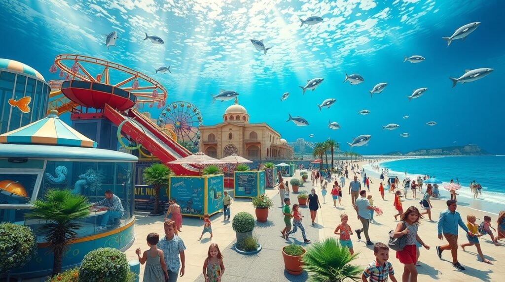 Színes vidámpark és akvárium felfedezése a tengerparton Jesolóban.