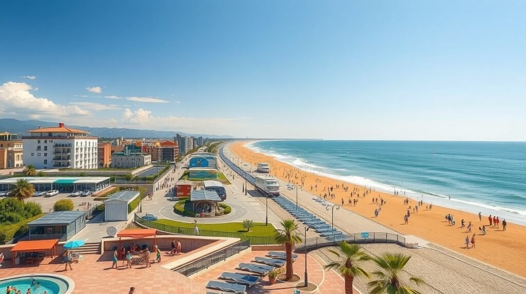 Rimini és Riccione tengerparti sétány, napfény és víz.