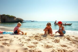 Gyerekek a homokban játszanak egy olasz tengerparton.