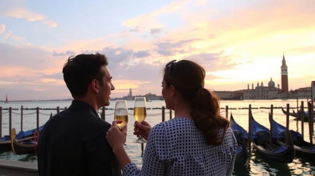 Pár néz a naplementére Velencében egy pohár Proseccóval.
