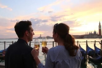 Pár néz a naplementére Velencében egy pohár Proseccóval.