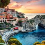 Kapri sziget csodás panorámája naplementében, luxusvillákkal.