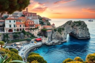 Kapri sziget csodás panorámája naplementében, luxusvillákkal.