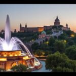 A Montjuïc hegy és a Varázsszökőkút éjszakai fényei Barcelonában.