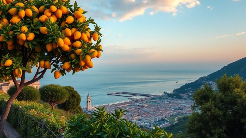 Citromfák és a Sorrentói-öböl naplemente a háttérben