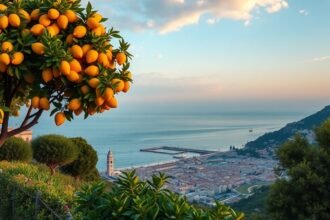 Citromfák és a Sorrentói-öböl naplemente a háttérben