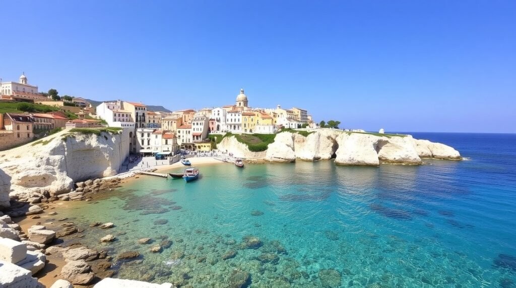 Polignano a Mare tengerparti kilátás, fehér sziklák és kristálytiszta víz