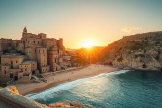 Naplemente a tengerparton egy történelmi várral Matera közelében