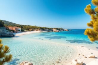 Hófehér homokos tengerpart Szardíniában, égszínkék vízzel.