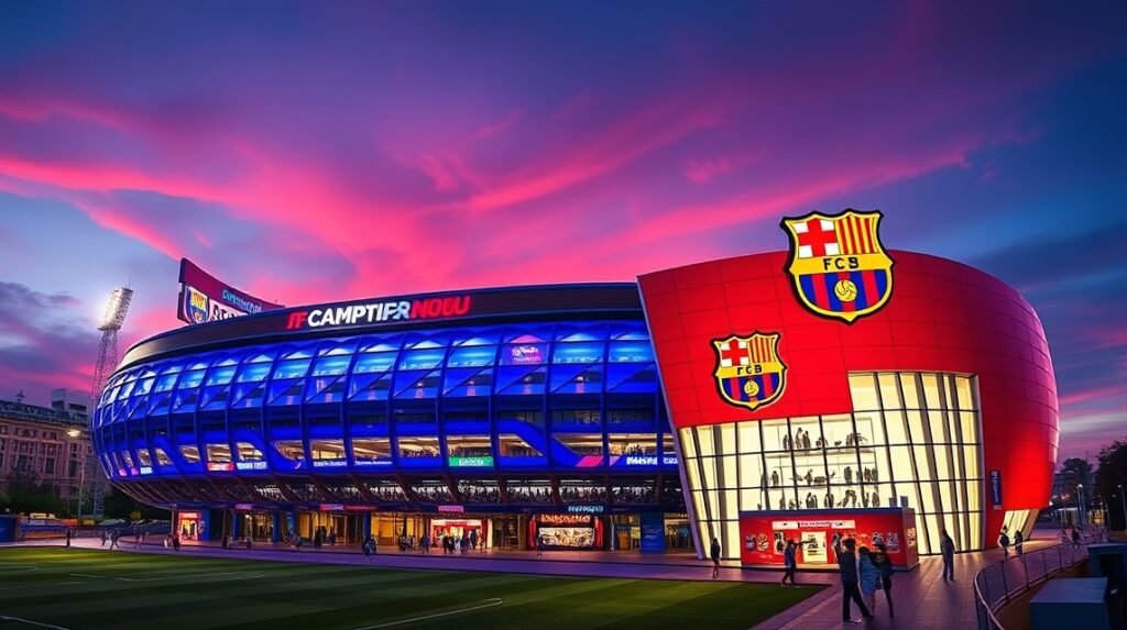 Camp Nou stadion Barcelona estei fényben
