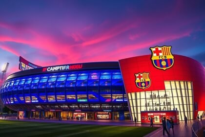 Camp Nou stadion Barcelona estei fényben