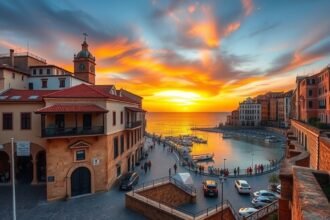 Cefalù tengerparti városkép, naplemente és középkori épületek.