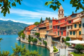 Színes épületek Olaszország partján, gyönyörű tájjal.