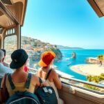Utazók néznek a gyönyörű tengerpartra vonaton ülve Róma és Nápoly között