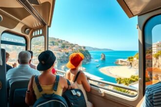 Utazók néznek a gyönyörű tengerpartra vonaton ülve Róma és Nápoly között