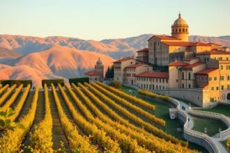 Olaszországi szőlőültetvények és hegyek naplementében