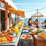 Olasz strandbüfé ínycsiklandó ételekkel és friss gyümölcsökkel a tengerparton.