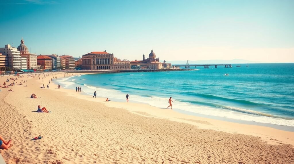 Barceloneta tengerparti élet Barcelonában, napsütés és homokos part.