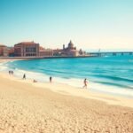 Barceloneta tengerparti élet Barcelonában, napsütés és homokos part.