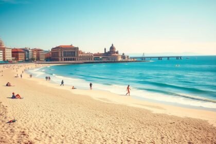 Barceloneta tengerparti élet Barcelonában, napsütés és homokos part.