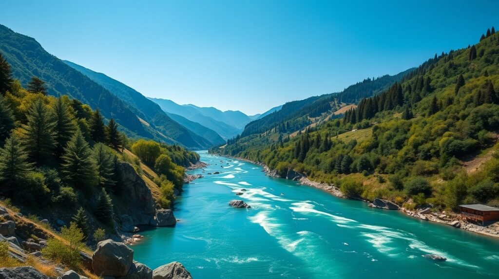 A Soča-völgy smaragdzöld folyója mesés hegyek között.