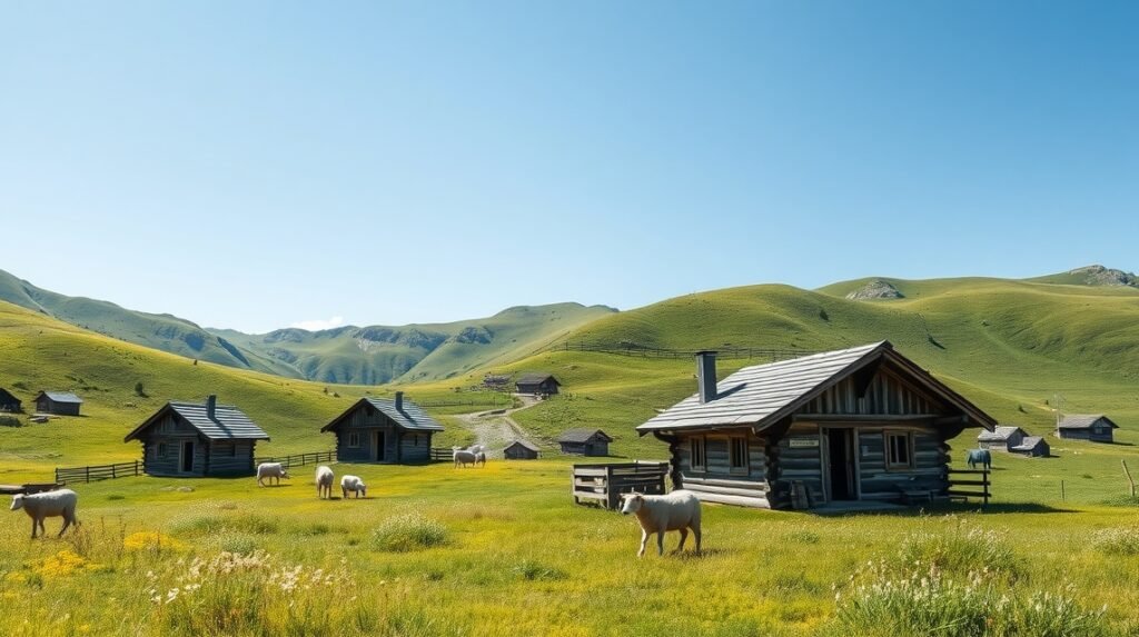Velika Planina pásztorkunyhói és fenyők a hegyekben