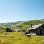 Velika Planina pásztorkunyhói és fenyők a hegyekben