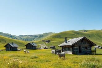 Velika Planina pásztorkunyhói és fenyők a hegyekben