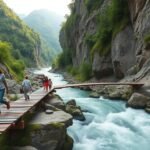 Családok a Vintgar-szurdok fapallóin, zúgó patak felett