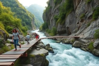 Családok a Vintgar-szurdok fapallóin, zúgó patak felett