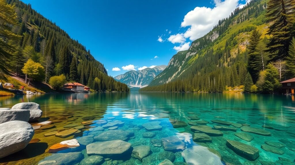 Kristálytiszta Jasna-tó Kranjska Gorában, lélegzetelállító tájjal.