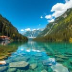 Kristálytiszta Jasna-tó Kranjska Gorában, lélegzetelállító tájjal.