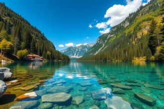 Kristálytiszta Jasna-tó Kranjska Gorában, lélegzetelállító tájjal.