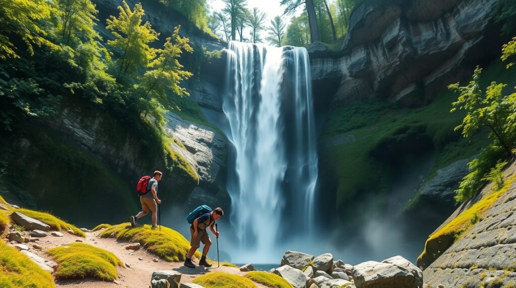 Két túrázó a Savica-vízesés gyönyörű vízesése előtt Szlovéniában.