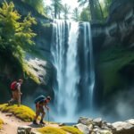 Két túrázó a Savica-vízesés gyönyörű vízesése előtt Szlovéniában.