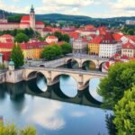 Ljubljana város panorámája, zöld táj és történelmi épületek