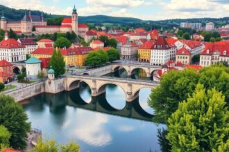 Ljubljana város panorámája, zöld táj és történelmi épületek